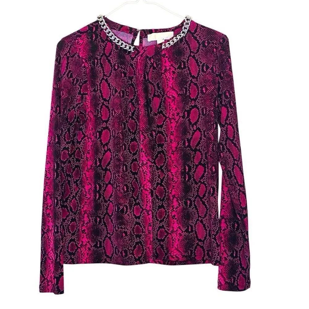 Michael Michael Kors Snakeskin Print Chain Neck Long Sleeve Top Pink Size Small